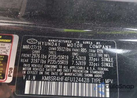 2015 Hyundai Santa Fe Gls from USA, damaged, VIN KM8SR4HF4FU124428